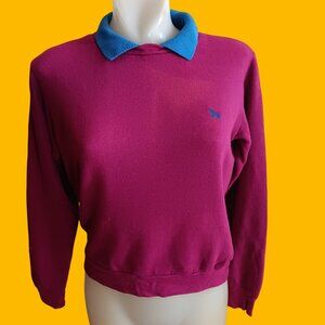 Women's Small Vintage 80's Sweatshirt Magenta Blue Collar Embroidered Horse Logo